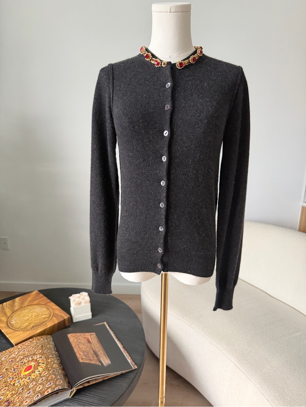 Dolce & Gabbana Cashmere Crystal Embellished Cardigan Gray IT 40 $2,450